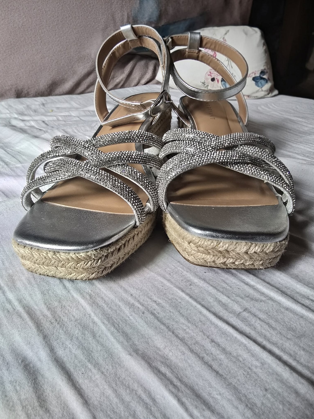 Lane Bryant Silver Rhinestone Strappy Espadrille Flatform Sandals – Size 8W
